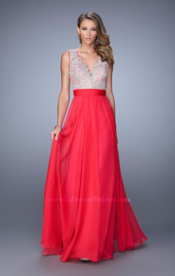Picture of: Embroidered Bodice Prom Dress with Keyhole Back in Pink, Style: 21354, Detail Picture 1