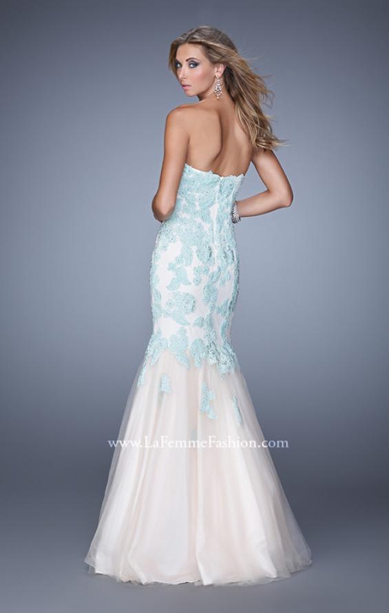 Picture of: Tulle Mermaid Prom Gown with Beaded Lace Straps in Mint and White, Style: 21369, Back Picture