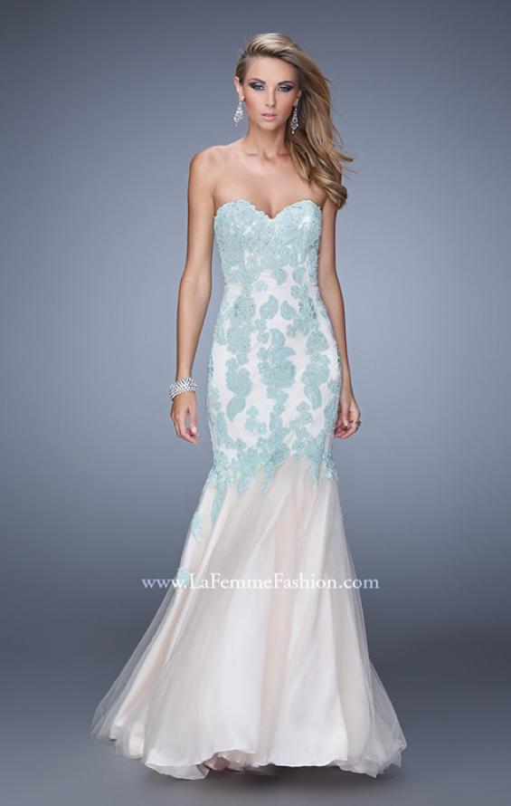 Picture of: Tulle Mermaid Prom Gown with Beaded Lace Straps in Mint and White, Style: 21369, Detail Picture 1