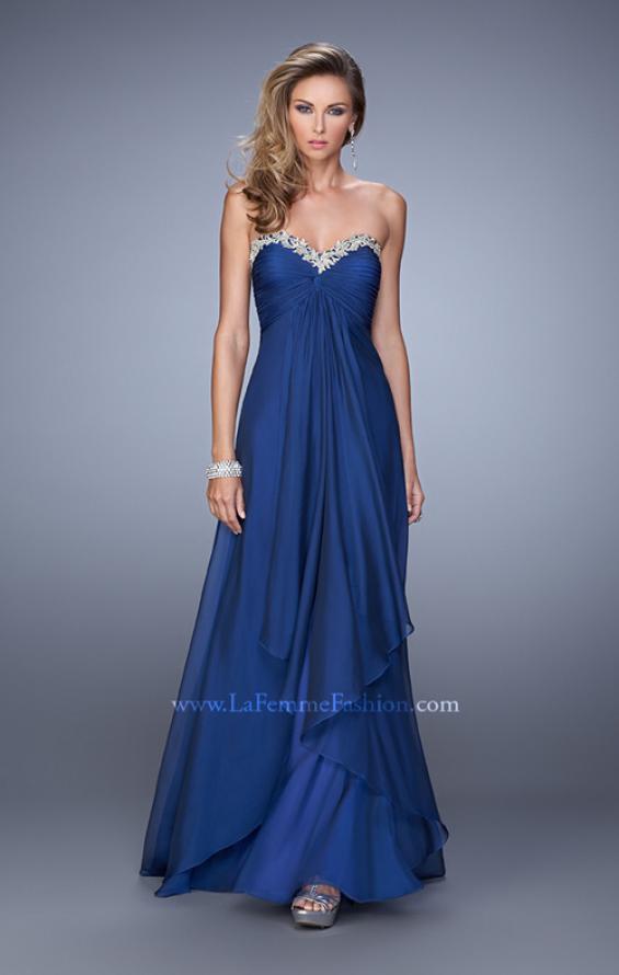 Picture of: Chiffon Prom Dress with Tiered Skirt and Embroidery in Navy, Style: 21374, Detail Picture 2