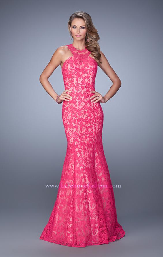 Picture of: Lace Mermaid Prom Dress with Sheer Halter Neckline in Pink, Style: 21389, Detail Picture 1