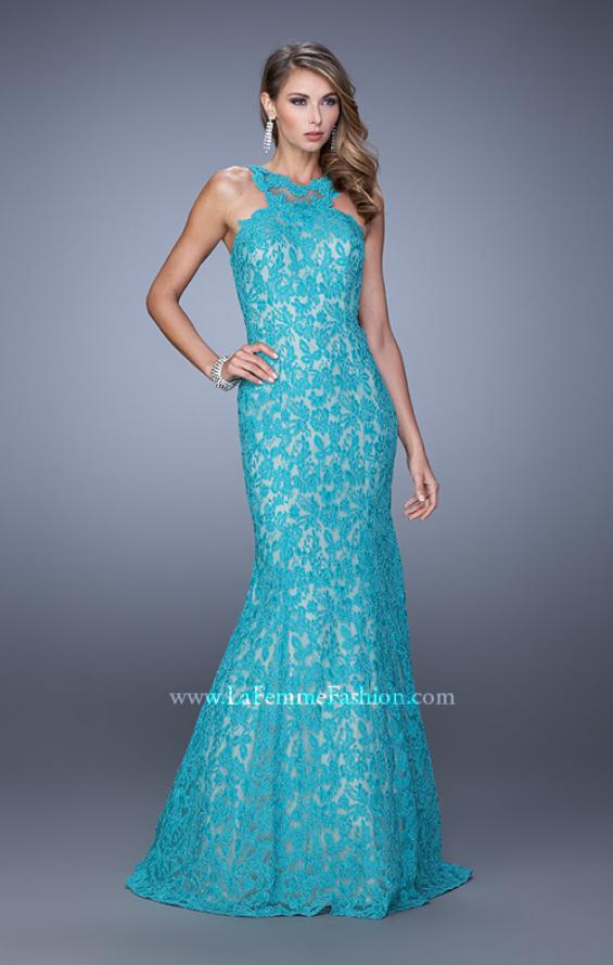 Picture of: Lace Mermaid Prom Dress with Sheer Halter Neckline in Peacock, Style: 21389, Detail Picture 3