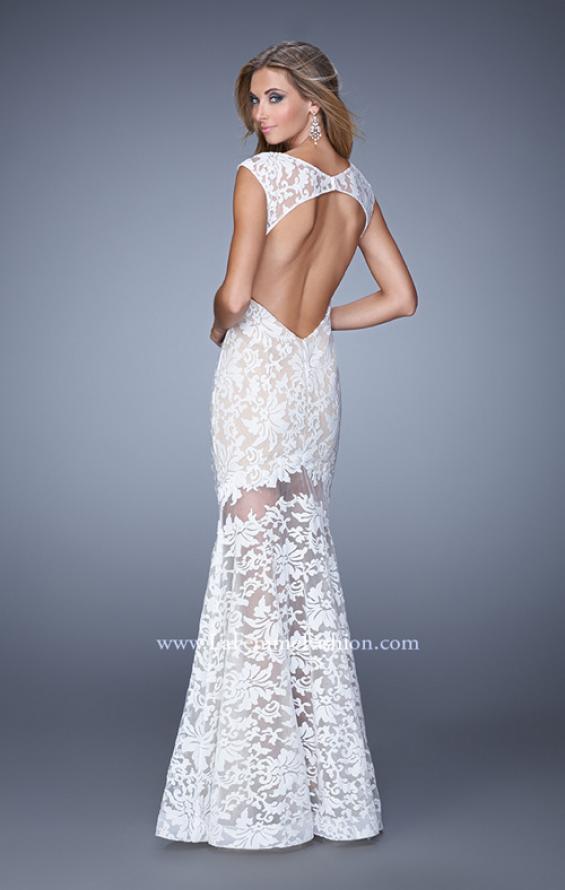 Picture of: Lace Dress with Flared Skirt, Cap Sleeves, and Open Back in White, Style: 21399, Back Picture