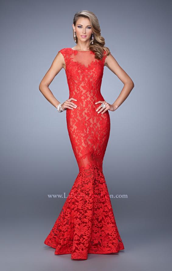 Picture of: Lace Dress with Flared Skirt, Cap Sleeves, and Open Back in Red, Style: 21399, Detail Picture 1