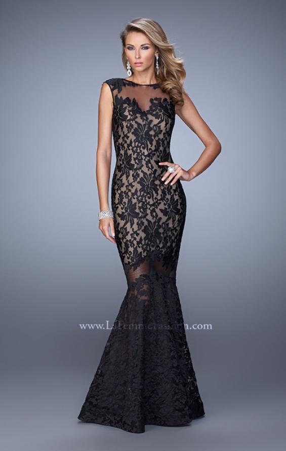 Picture of: Lace Dress with Flared Skirt, Cap Sleeves, and Open Back in Black, Style: 21399, Detail Picture 2