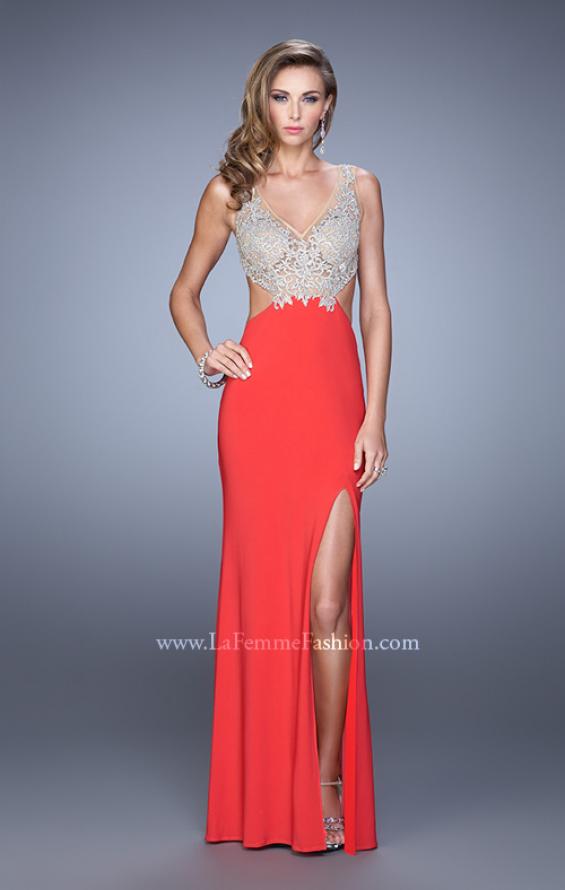 Picture of: Sheer Bodice Prom Dress with V Neck and Side Cut Outs in Orange, Style: 21469, Detail Picture 2