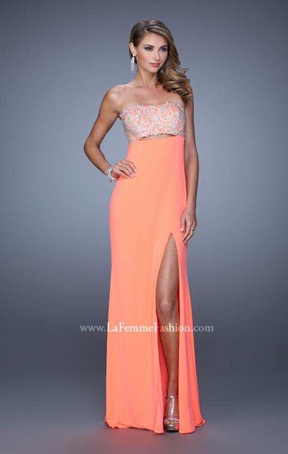 Picture of: Embroidered Strapless Prom Dress with Side Leg Slit in Orange, Style: 21476, Detail Picture 3