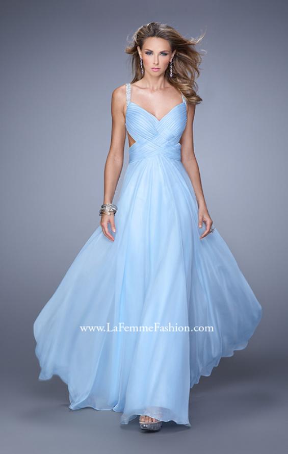 Picture of: Chiffon Prom Dress with Basket Weave Detail and Pearls in Blue, Style: 21502, Detail Picture 1