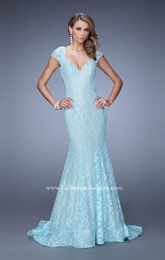 Picture of: Lace Mermaid Gown with Cap Sleeves and Open Back in Mint, Style: 21509, Back Picture
