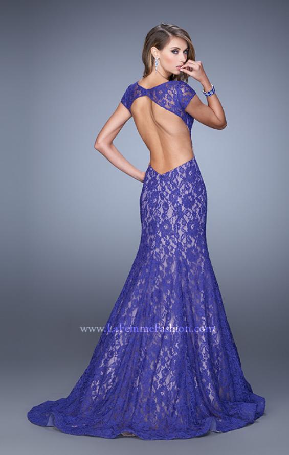 Picture of: Lace Mermaid Gown with Cap Sleeves and Open Back in Purple, Style: 21509, Detail Picture 1