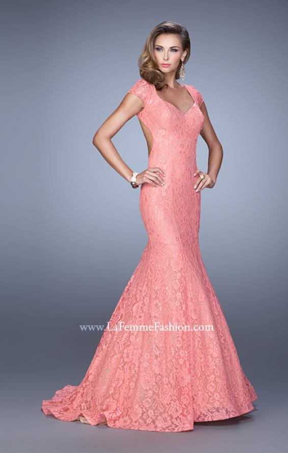 Picture of: Lace Mermaid Gown with Cap Sleeves and Open Back in Coral, Style: 21509, Detail Picture 4