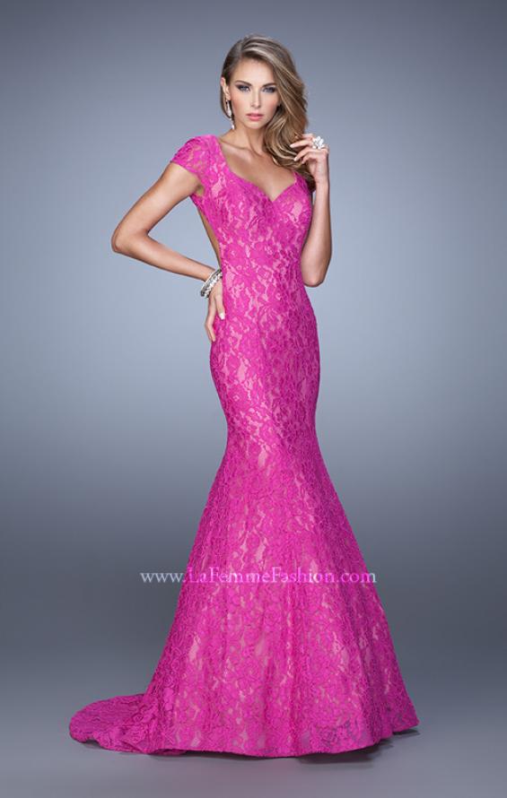 Picture of: Lace Mermaid Gown with Cap Sleeves and Open Back in Pink, Style: 21509, Detail Picture 5
