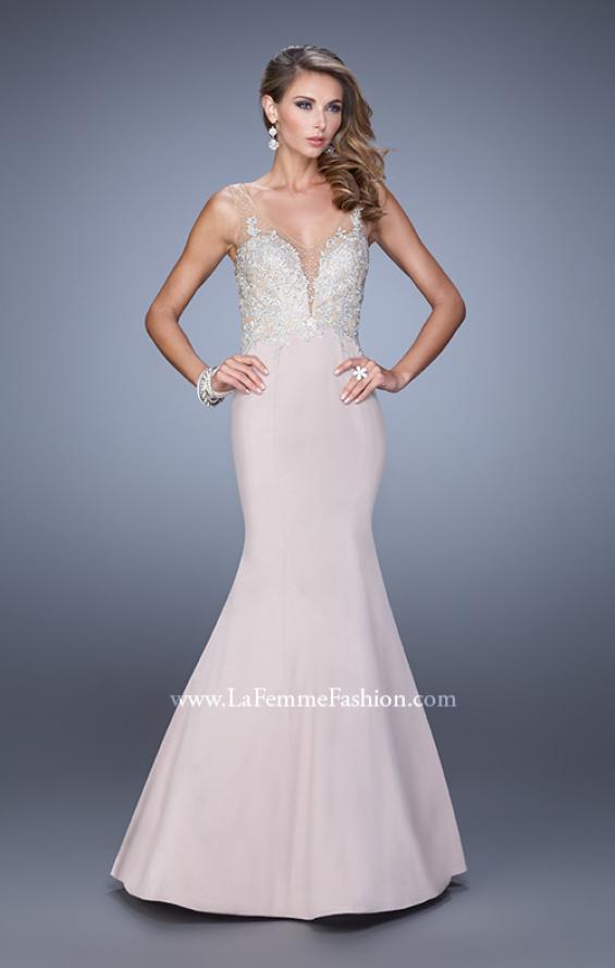 Picture of: Satin Mermaid Dress with V Neck and Metallic Detail in Pink, Style: 21522, Detail Picture 1