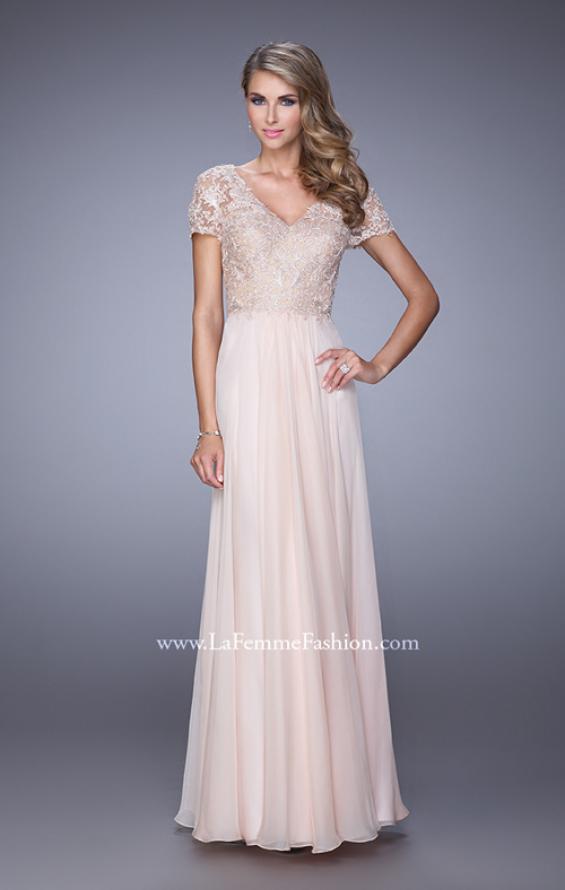 Picture of: Short Sleeve Evening Dress with Lace Overlay Bodice in Pink, Style: 21632, Main Picture