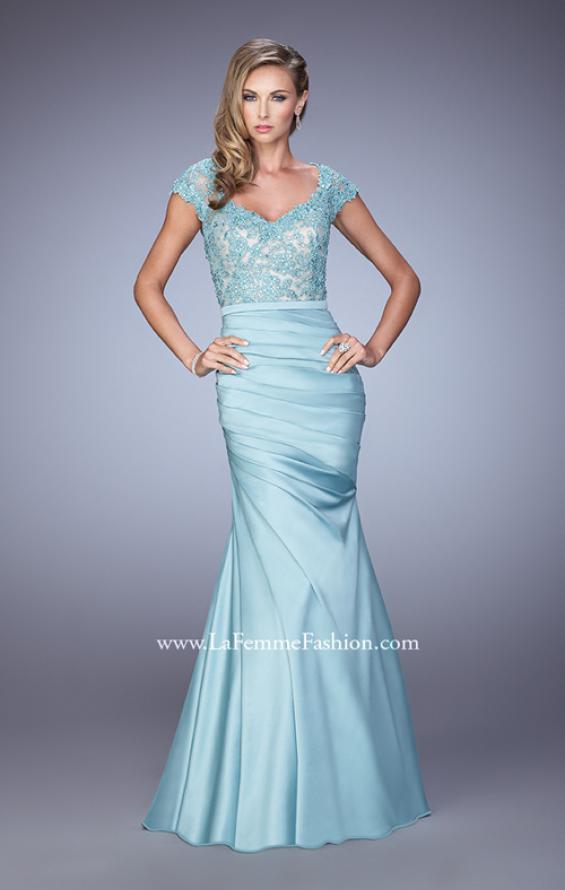 Picture of: Satin Dress with Beaded Lace Bodice and Gathering in Blue, Style: 21669, Detail Picture 1