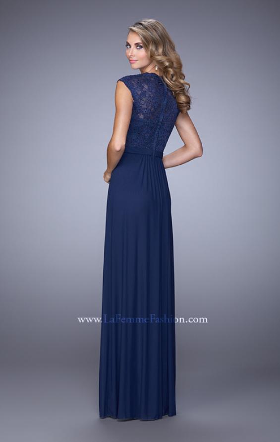 Picture of: Lace Capped Sleeve Dress with Sheer Detailing in Blue, Style: 21685, Back Picture