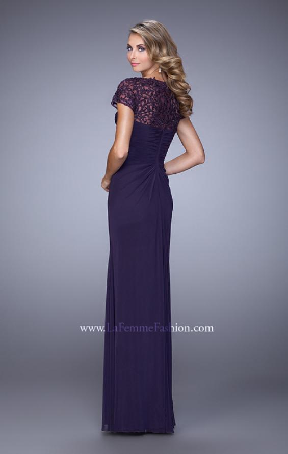Picture of: Sheer Embroidered Short Sleeve Dress with Rhinestones in Purple, Style: 21690, Back Picture