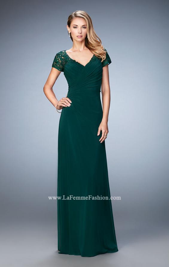 Picture of: Sheer Embroidered Short Sleeve Dress with Rhinestones in Green, Style: 21690, Detail Picture 2
