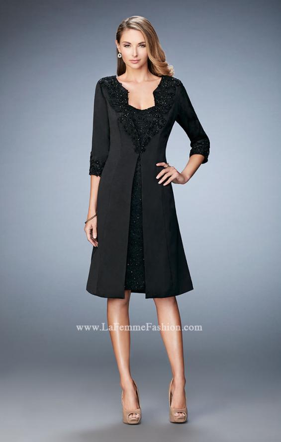Picture of: Knee Length Jeweled Dress with Knee Length Coat in Black, Style: 21903, Detail Picture 2