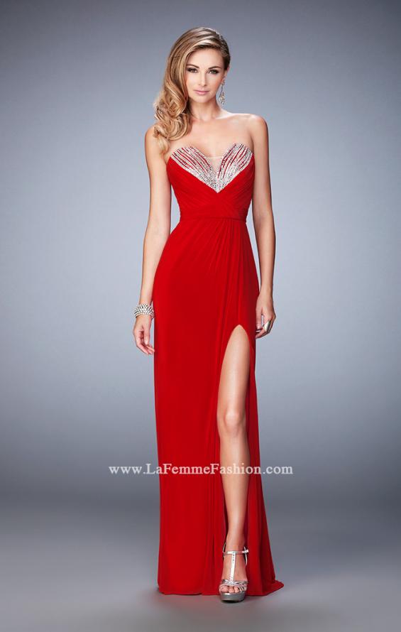 Picture of: Net Prom Gown with Embellishments and Side Leg Slit in Red, Style: 22136, Detail Picture 1
