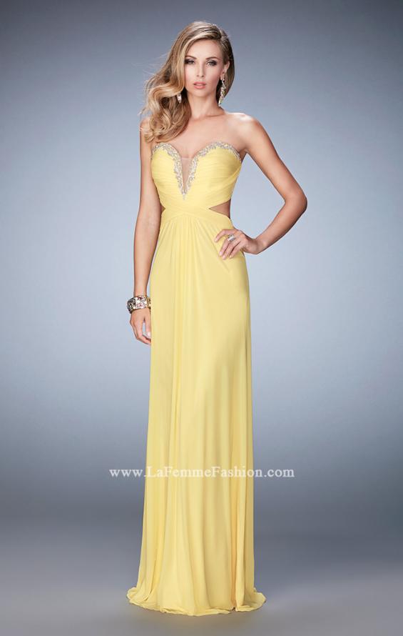 Picture of: Glam Prom Dress with Cut Outs and Crystal Gem Design in Yellow, Style: 22196, Detail Picture 2