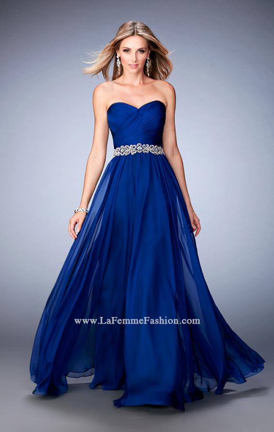 Picture of: Chiffon Prom Gown with Gathered Bodice and Pearls in Blue, Style: 22786, Detail Picture 3