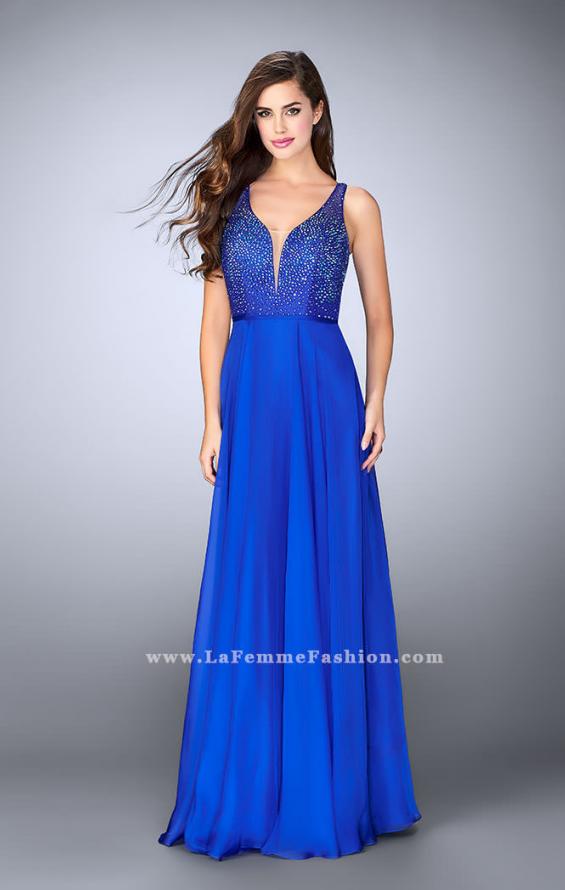 Picture of: Chiffon A-line Dress with Beading and Deep V neckline in Blue, Style: 23304, Detail Picture 1