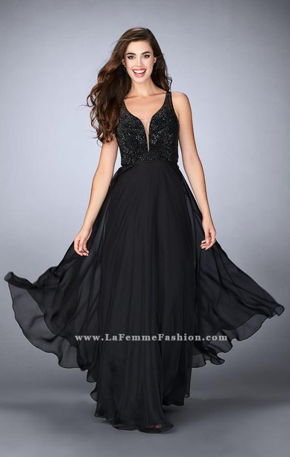 Picture of: Chiffon A-line Dress with Beading and Deep V neckline in Black, Style: 23304, Detail Picture 2