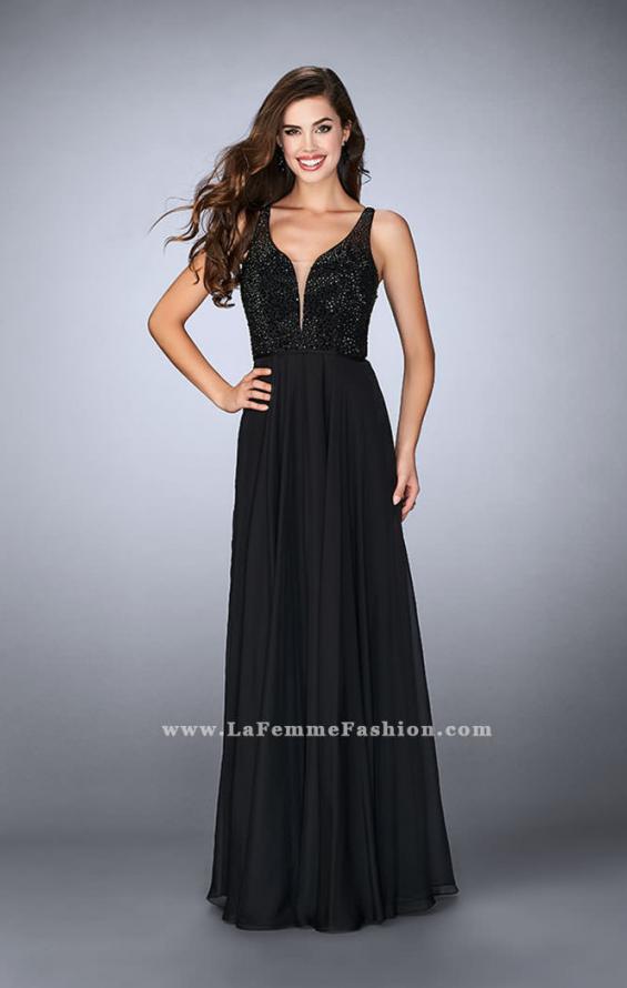 Picture of: Chiffon A-line Dress with Beading and Deep V neckline in Black, Style: 23304, Detail Picture 3