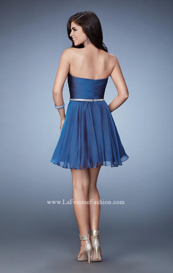 Picture of: Strapless Chiffon Short Dress with Beaded Belt in Blue, Style: 23482, Back Picture