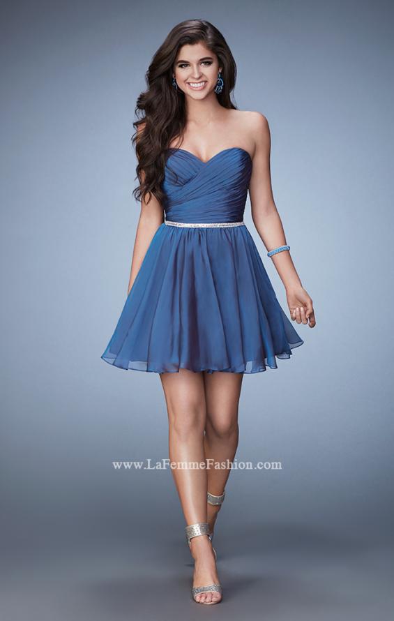 Picture of: Strapless Chiffon Short Dress with Beaded Belt in Blue, Style: 23482, Detail Picture 1