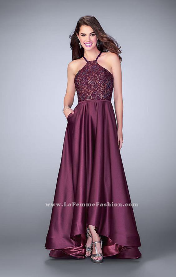 Picture of: High Low A-line Dress with Lace Top and Satin Skirt in Purple, Style: 24012, Detail Picture 1