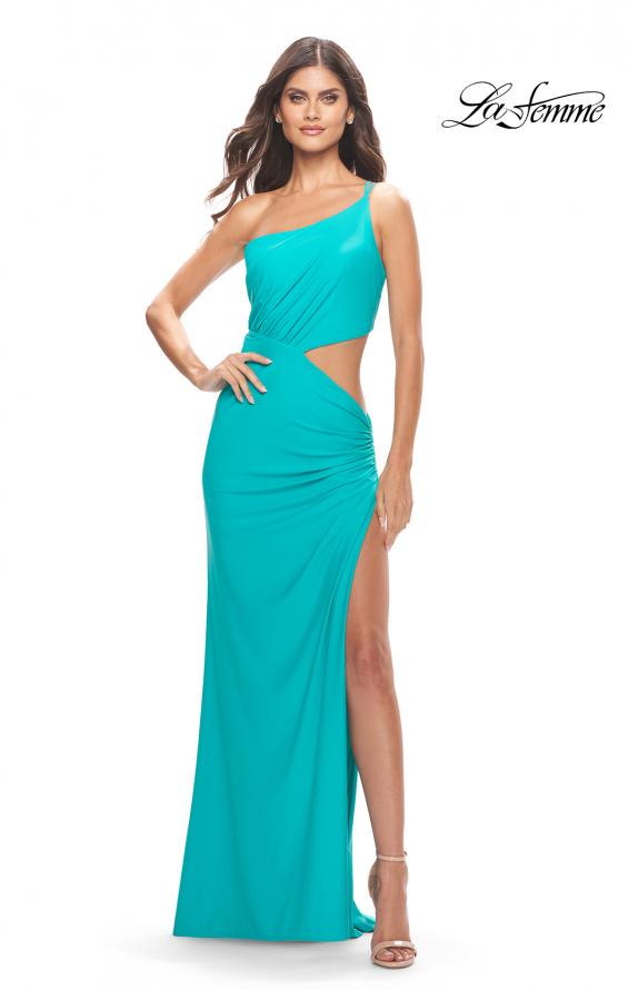 Picture of: One Shoulder Dress with Side Cut Out and Unique Back in Bright Colors in Aqua, Style: 31443, Main Picture