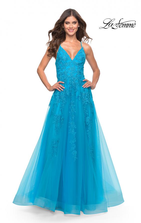 Picture of: Tulle Prom Dress with Lace Detail in Aqua, Style: 31503, Detail Picture 10