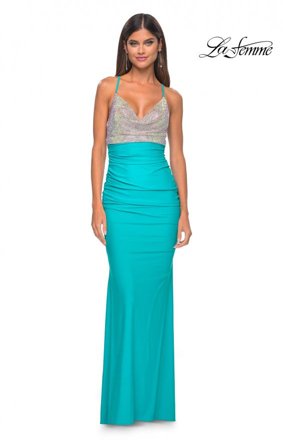Picture of: Neon Ruched Jersey Dress with Rhinestone Mesh Draped Top in Aqua, Style: 32320, Detail Picture 13