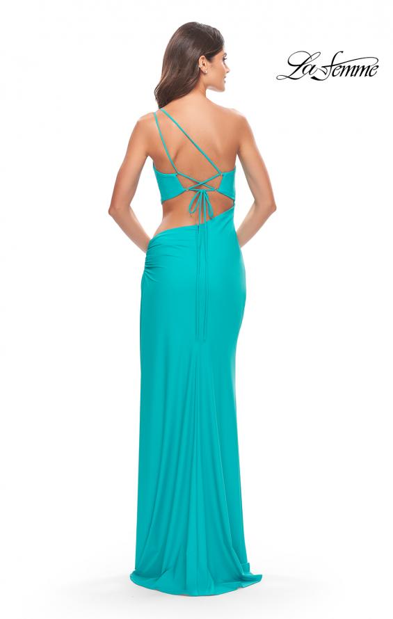 Picture of: One Shoulder Dress with Side Cut Out and Unique Back in Bright Colors in Aqua, Style: 31443, Back Picture