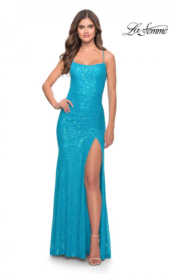Picture of: Lace Up Back Sequin Gown with Flare Skirt in Bright Colors in Aqua, Style: 31509, Detail Picture 1