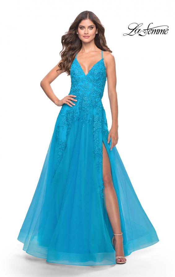 Picture of: Tulle Prom Dress with Lace Detail in Aqua, Style: 31503, Detail Picture 2