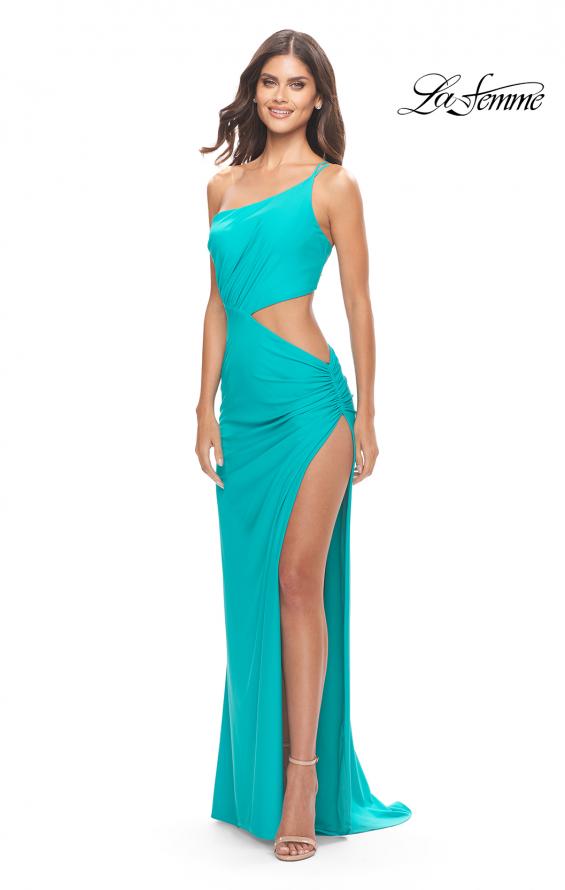 Picture of: One Shoulder Dress with Side Cut Out and Unique Back in Bright Colors in Aqua, Style: 31443, Detail Picture 4