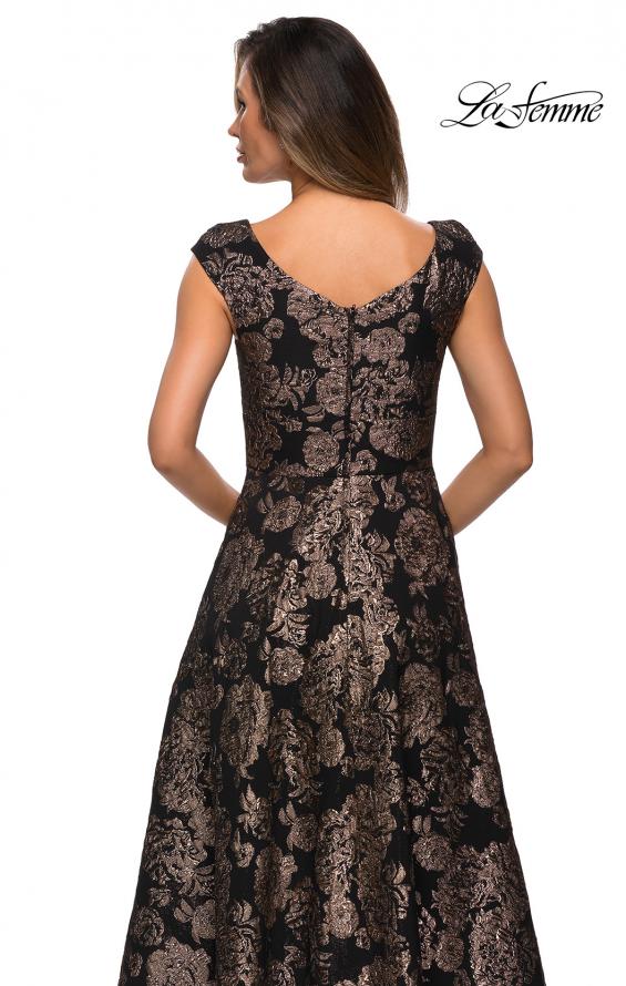 Picture of: Cap Sleeve Floral A-line Evening Gown with Pockets in Black Gold, Style: 27999, Back Picture