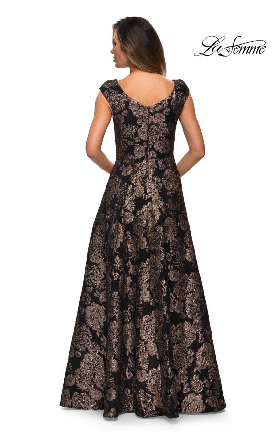 Picture of: Cap Sleeve Floral A-line Evening Gown with Pockets in Black Gold, Style: 27999, Detail Picture 2