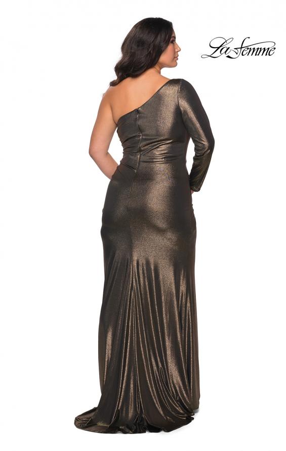 Picture of: One Shoulder Long Sleeve Metallic Plus Size Gown in Black Gold, Style: 28878, Back Picture