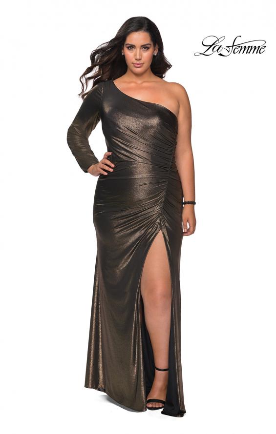 Picture of: One Shoulder Long Sleeve Metallic Plus Size Gown in Black Gold, Style: 28878, Detail Picture 2