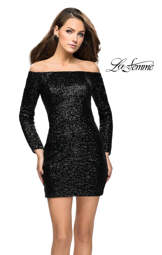 Picture of: Long Sleeve Sequined Off the Shoulder Homecoming Dress in Black, Style: 26662, Detail Picture 1