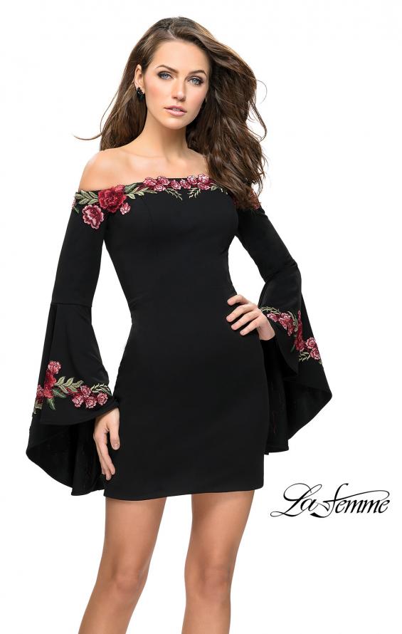 Picture of: Off the Shoulder Mini Dress with Dramatic Bell Sleeves in Black, Style: 26674, Detail Picture 1