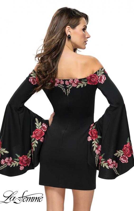 Picture of: Off the Shoulder Mini Dress with Dramatic Bell Sleeves in Black, Style: 26674, Detail Picture 2