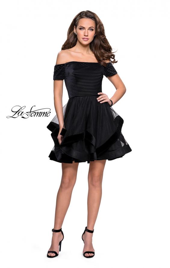 Picture of: Tulle Short Off the Shoulder Dress with Velvet Trim in Black, Style: 26751, Detail Picture 2