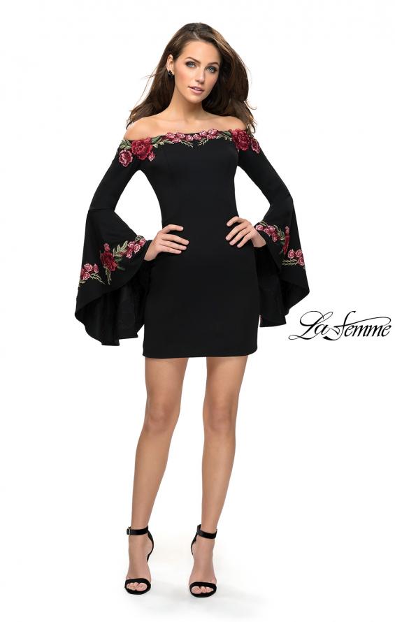 Picture of: Off the Shoulder Mini Dress with Dramatic Bell Sleeves in Black, Style: 26674, Detail Picture 3