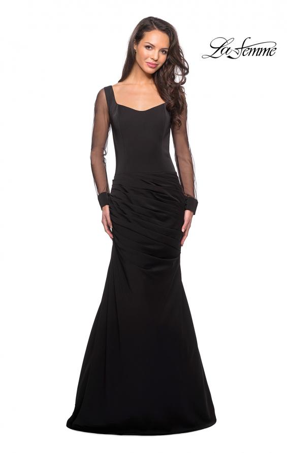 Picture of: Long Jersey Gown with Sheer Long Sleeves and Ruching in Black, Style: 25064, Main Picture