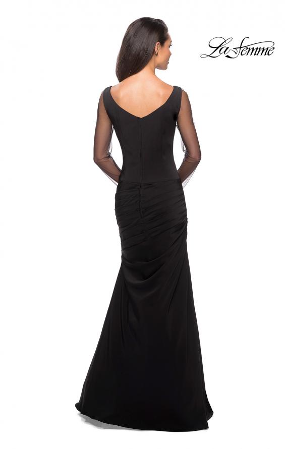 Picture of: Long Jersey Gown with Sheer Long Sleeves and Ruching in Black, Style: 25064, Back Picture